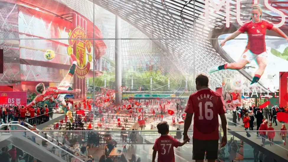 Artist&#x27;s impression of the new Old Trafford stadium. Fans are walking around a big corporate looking lobby area