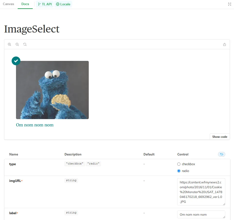 A Storybook component with placeholder Cookie Monster image