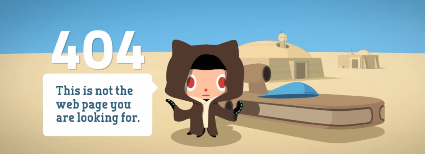 Ac screenshot of GitHub&#x27;s 404 page with a Star Wars "this is not the web page you are looking for" reference